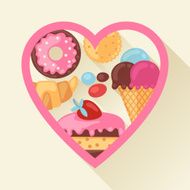 Heart background with colorful candy sweets and cakes