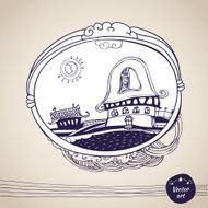 Pen drawing label witn sun rural scene