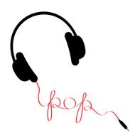 Black headphones with red cord word pop Music card Flat