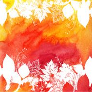 Orange watercolor background with white leaves silhouettes N2