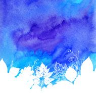 Blue watercolor spring background with white leaves silhouettes