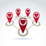 Vector connected map pointers with a loving heart icon
