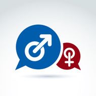 Speech bubbles with blue male and red female signs gender
