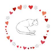 Sleeping cute cat surrounded by hearts
