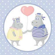 vector greeting card for Valentine&#039;s Day with hippos in love N2