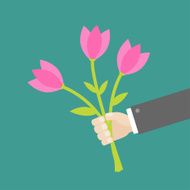 Businessman hand holding bouquet of pink tulip flowers Flat design