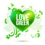 Green ecology theme illustration with 3d heart and drawing elements