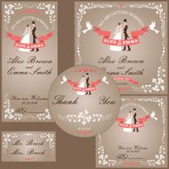Wedding design template with cartoon wedding couple and floral