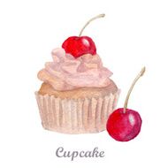 Cupcake with cherry and cream Hand drawn watercolor painting