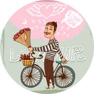 Amorous Frenchman on a bicycle with red roses