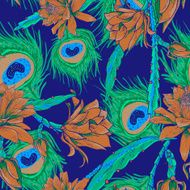 Seamless pattern with flowers and feathers N2