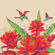 Vintage Card with Red Flowers and Hummingbirds N5