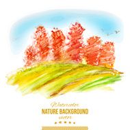 Watercolor autumn forest with orange trees