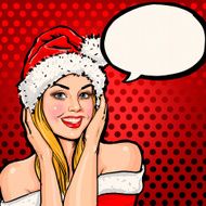 Girl in Santa hat with speech bubble on red background