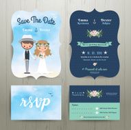 Bohemian cartoon couple on the beach wedding card template set