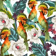 Seamless pattern with bird and exotic flowers N2