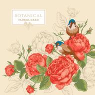 Botanical floral card with roses and birds N2
