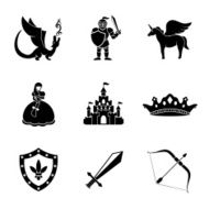 Set of monochrome fairytale game icons with - sword bow