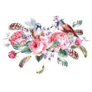 Classical watercolor floral vintage greeting card with rose birds and N2