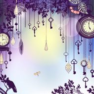 Vintage background with keys and clocks in dusk