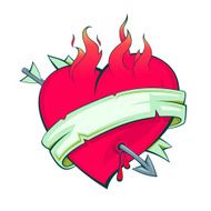 Burning heart with arrow and ribbon