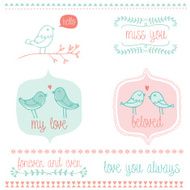 Set of graphic elements with birds and flowers