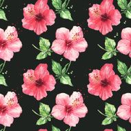 Seamless pattern with red hibiscus flowers Watercolor illustration