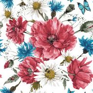 Vintage watercolor bouquet of wildflowers shabby seamless pattern with poppies N3