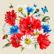 Vintage watercolor bouquet of wildflowers poppies daisies cornflowers N2