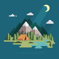 night landscape in the mountains Hiking and camping flat illustration