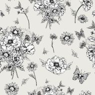 Monochrome Floral Seamless Pattern with Blooming Poppies N2