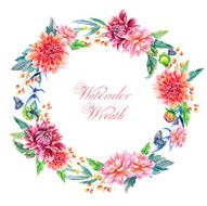 Watercolor wreath with red dahlias