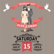 Cute cartoon bride and groom Retro wedding invitation N2