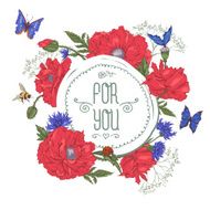 Summer Vintage Greeting Card with Blooming Red Poppies N5