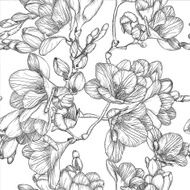 Black and white seamless pattern with spring freesias