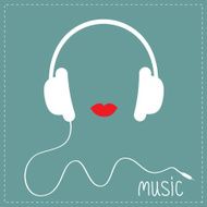 White headphones with cord Red lips Music card Flat design