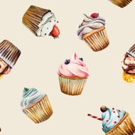 Watercolor cupcake seamless pattern