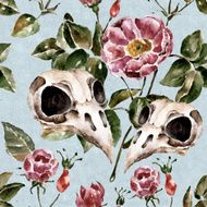 Seamless pattern with flowers and birds skull Watercolor illustration N9