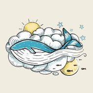 Romantic Whale Swimming in Clouds Retro Design