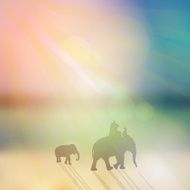 Elephant with mahout small elephant silhouette on sunny sky beach