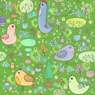 Seamless pattern with birds trees and flowers