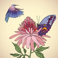 Flower with butterfly and bird
