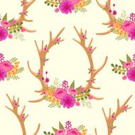 Vintage seamless pattern with deer antlers and flowers N4