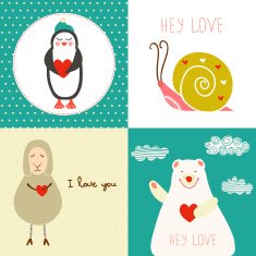 Set of concept romantic cards with cute funny characters N3