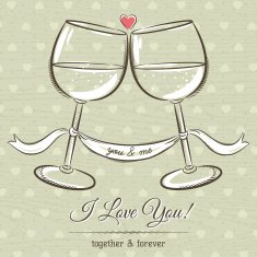 romantic card with two glass of wine and wishes text