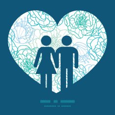 Vector blue line art flowers couple in love silhouettes frame N4