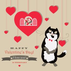 Cute pair of birds and cat celebrating Valentine's Day