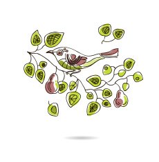 Floral vector card with stylized bird on a branch