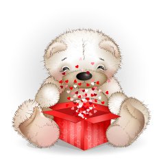 Bear got in a gift box with lots of hearts