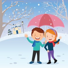 Winter fun Lovely couple gesturing in the snow